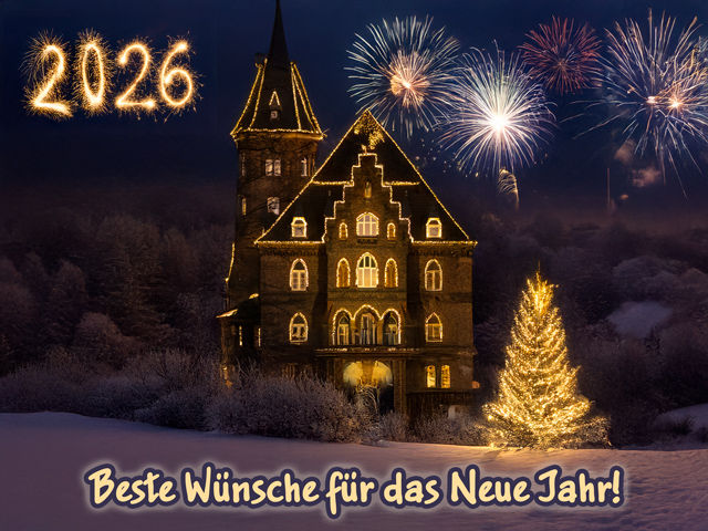 Festlich beleuchtete Marienburg (Monheim am Rhein) in einer KI-generierten Winterlandschaft